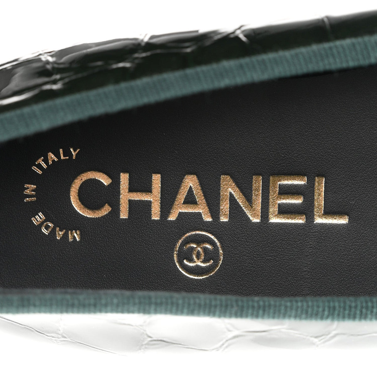 Crocodile Embossed Patent Calfskin Ballet Flats 35.5 Dark Green Black