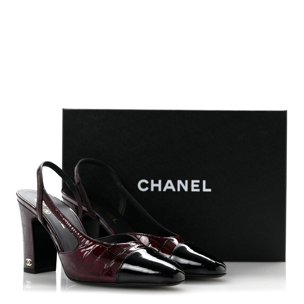 Patent Calfskin Crocodile Embossed Cap Toe CC Slingback Sandals 39 Dark Burgundy Black