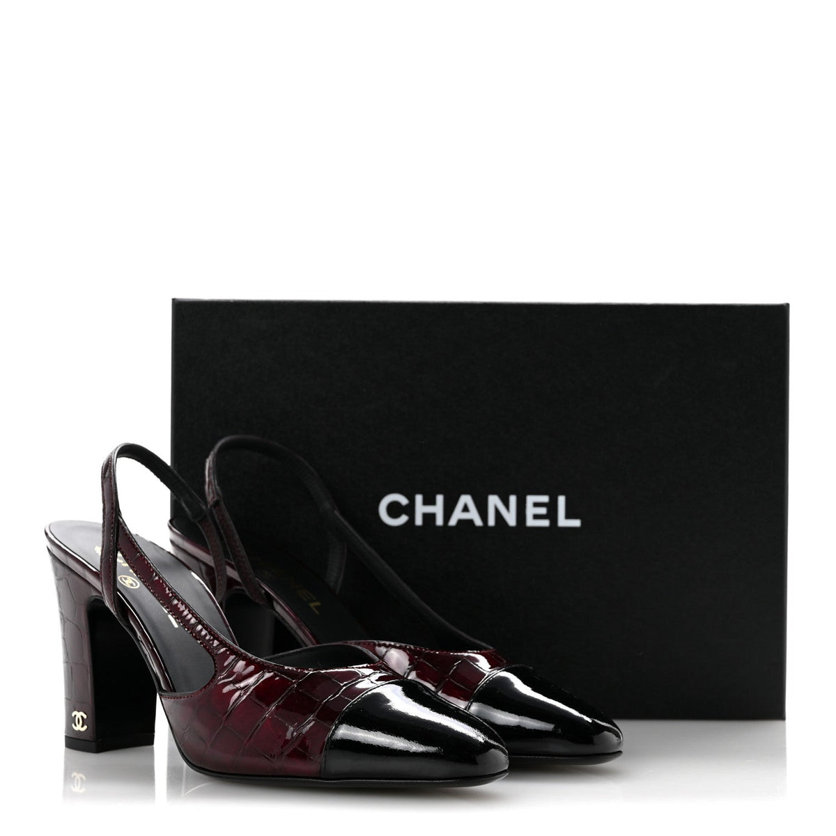 Patent Calfskin Crocodile Embossed Cap Toe CC Slingback Sandals 39 Dark Burgundy Black