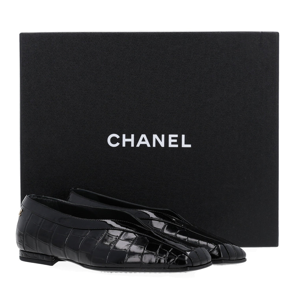 Patent Calfskin Crocodile Embossed Ballet Flats 35.5 Black