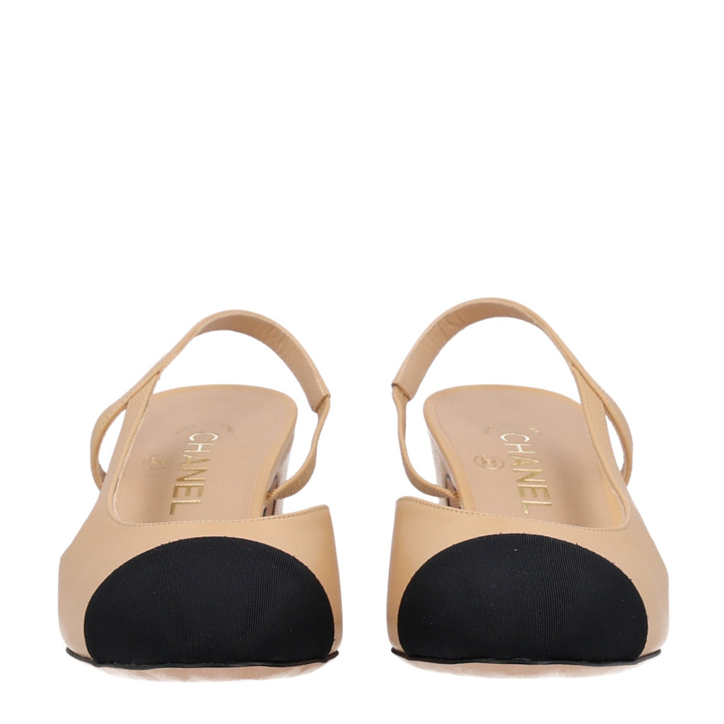 Goatskin Grosgrain Cap Toe CC Slingback Pumps 40 Beige Black