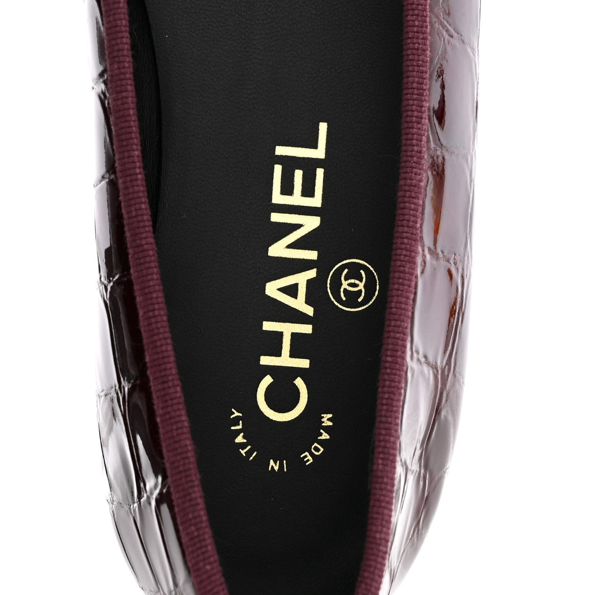Patent Calfskin Crocodile Embossed Cap Toe CC Ballerina Flats 37.5 Dark Burgundy Black