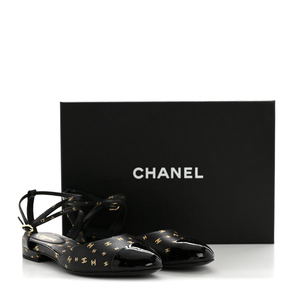 Printed Lambskin Patent Calfskin Cap Toe CC Slingbacks 36.5 Black Gold