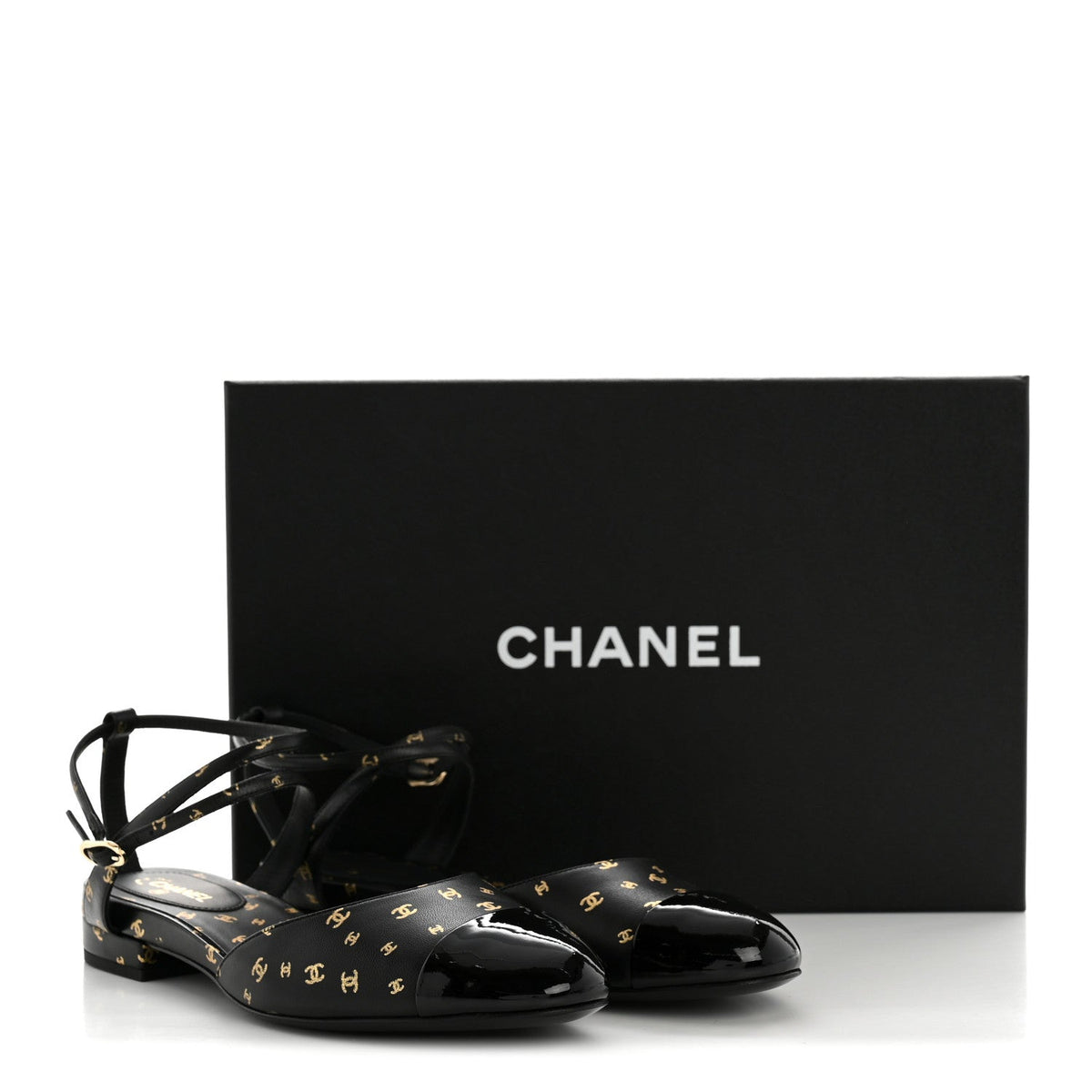 Printed Lambskin Patent Calfskin Cap Toe CC Slingbacks 36.5 Black Gold