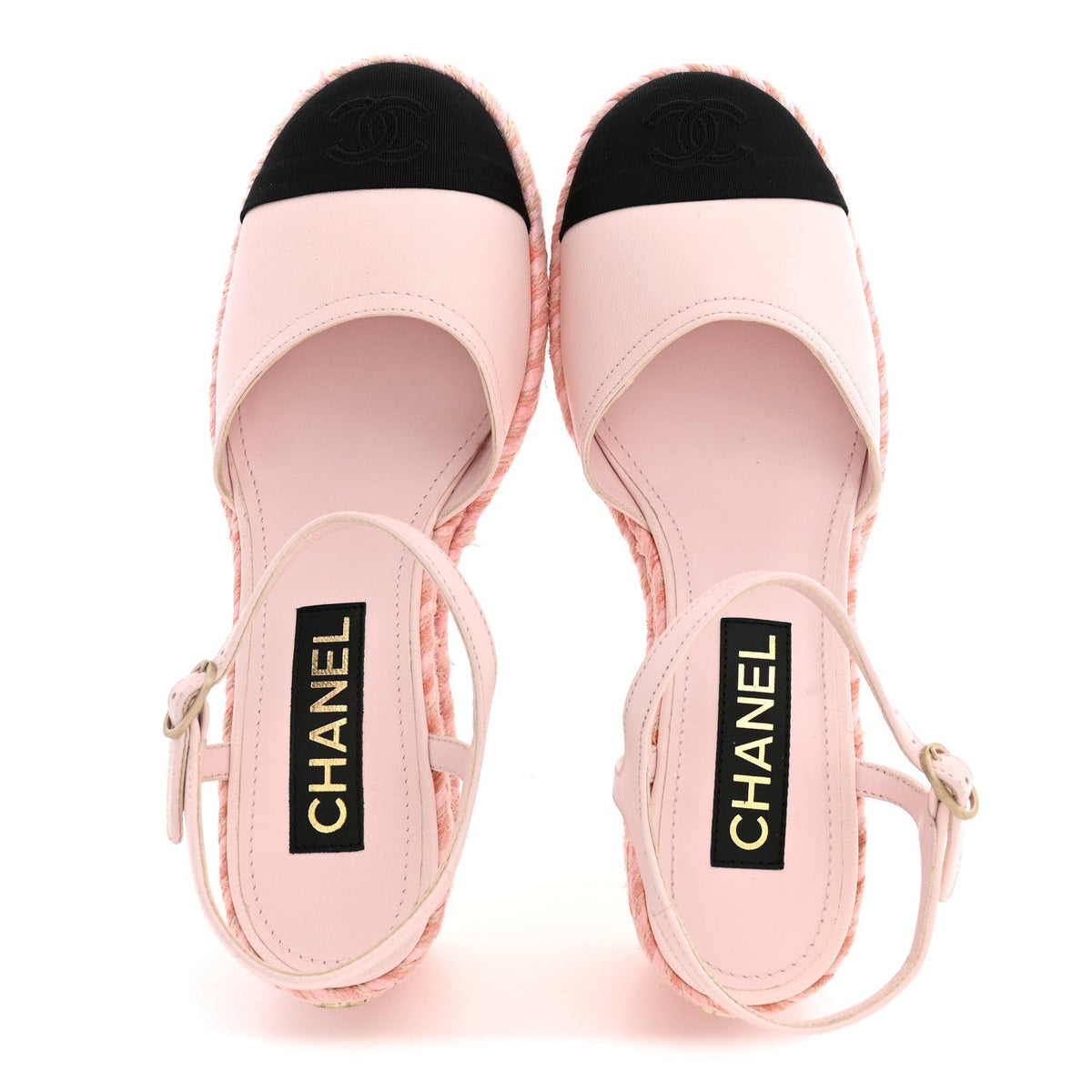 Lambskin Grosgrain CC Espadrilles Wedges 38 Pink Black