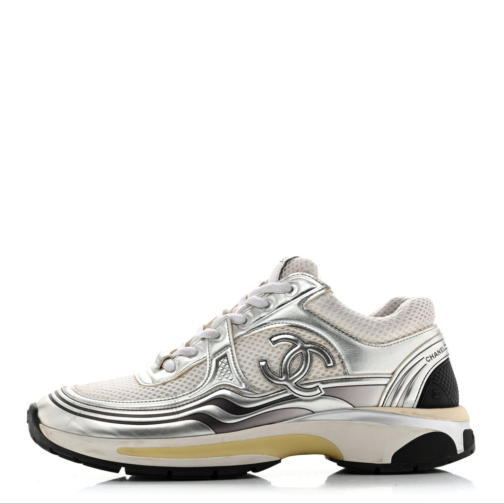 Fabric Laminated Calfskin Stretch CC Womens Sneakers 39.5 White Silver