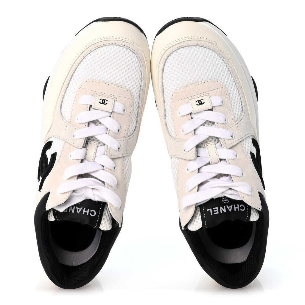Mesh Suede Calfskin Grained Calfskin Womens CC Sneakers 37.5 White Black
