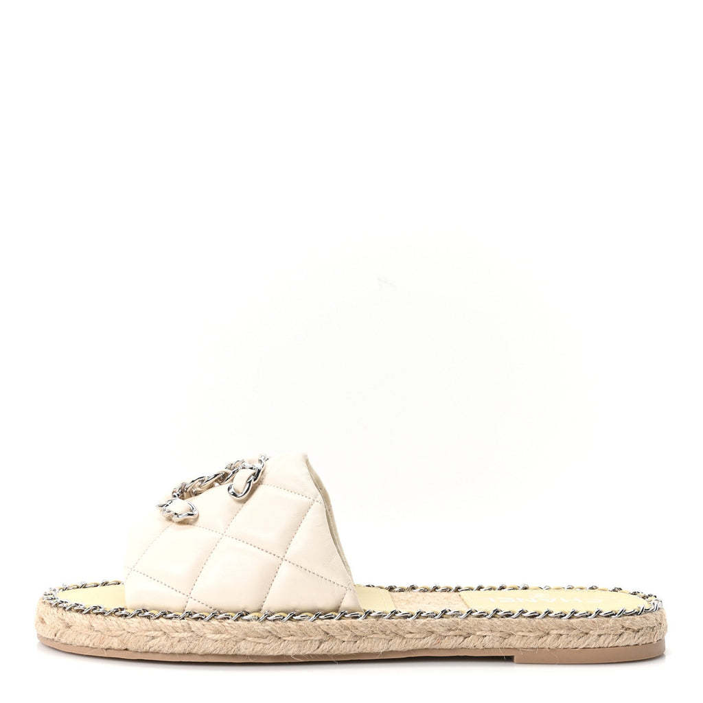 Lambskin Quilted CC Chain Espadrille Mules 41 Ivory