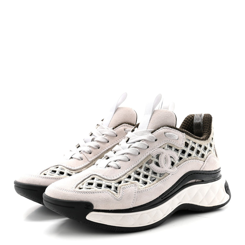 Suede Calfskin Embroidered CC Sneakers 35.5 Ecru Light Gray