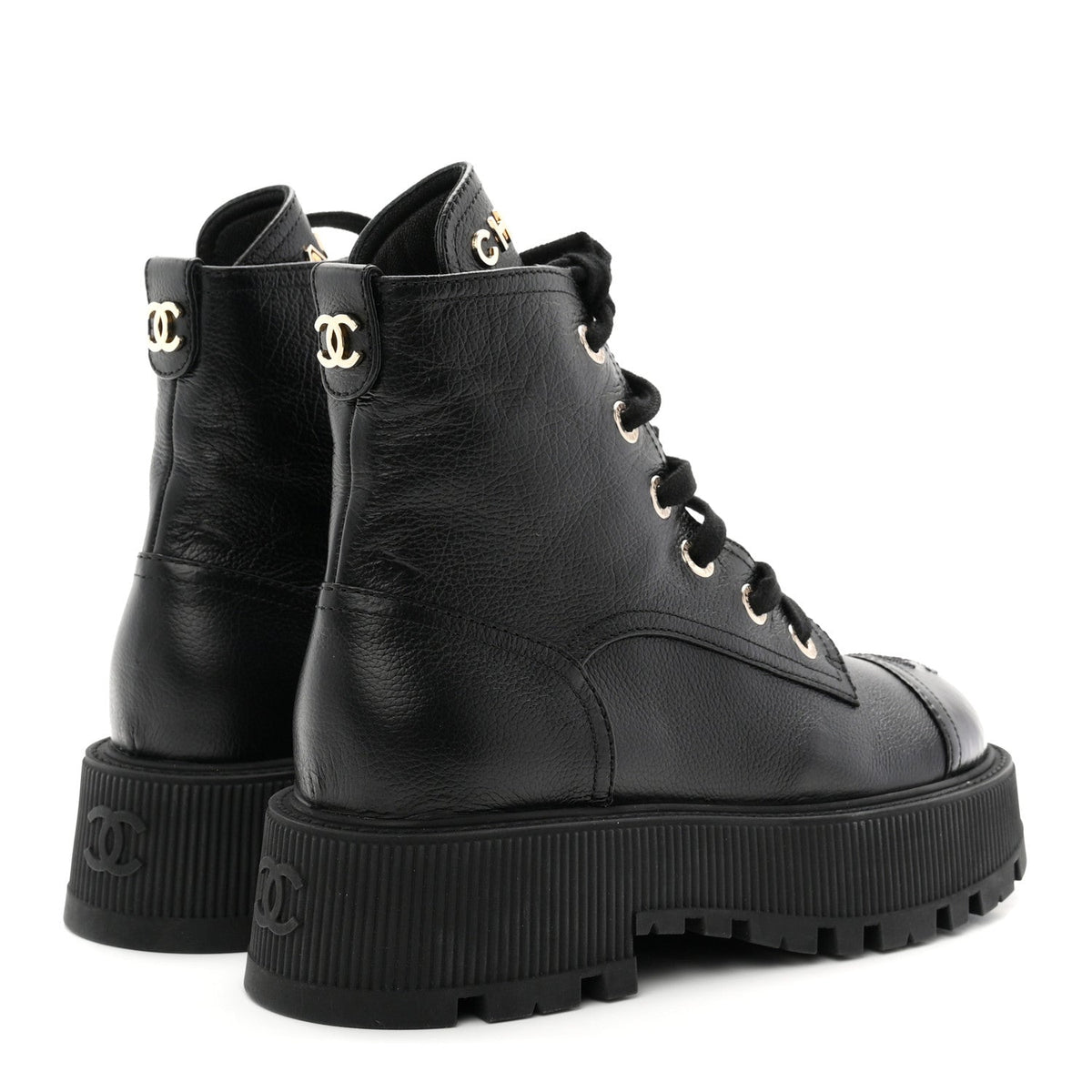 Grained Calfskin Shiny Calfskin CC Lace Up Combat Boots 36.5 Black