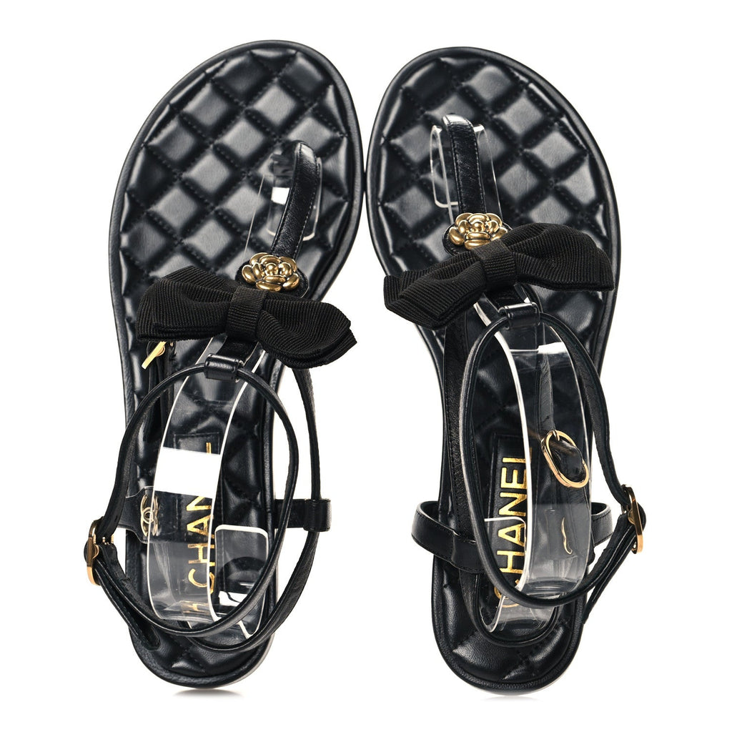 Lambskin Grosgrain Camellia Thong Sandals 37 Black