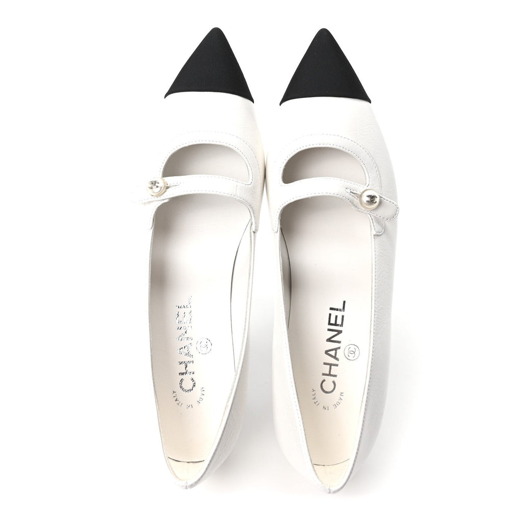 Shiny Lambskin Grosgrain Pearl Mary Janes Flats 37.5 White Black