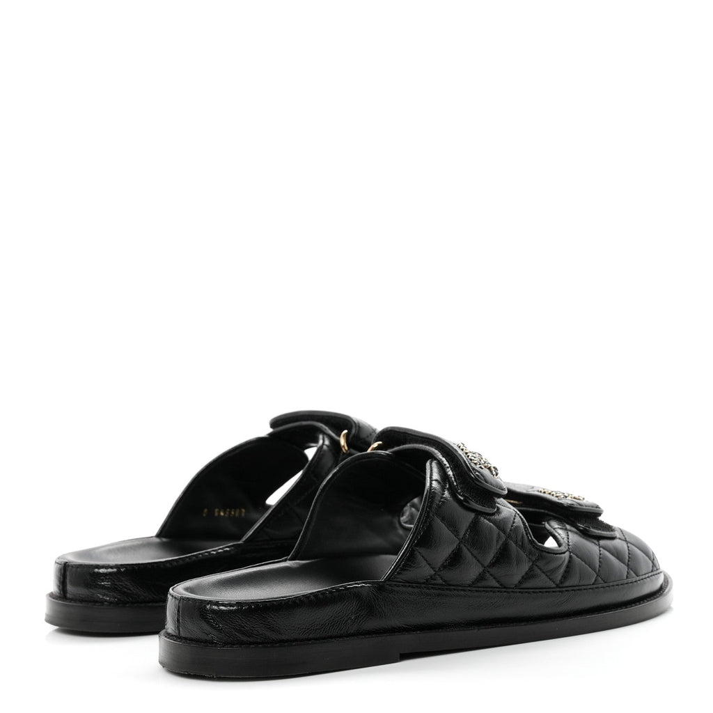 Lambskin Quilted Velcro Dad Chain CC Slide Sandals 39.5 Black