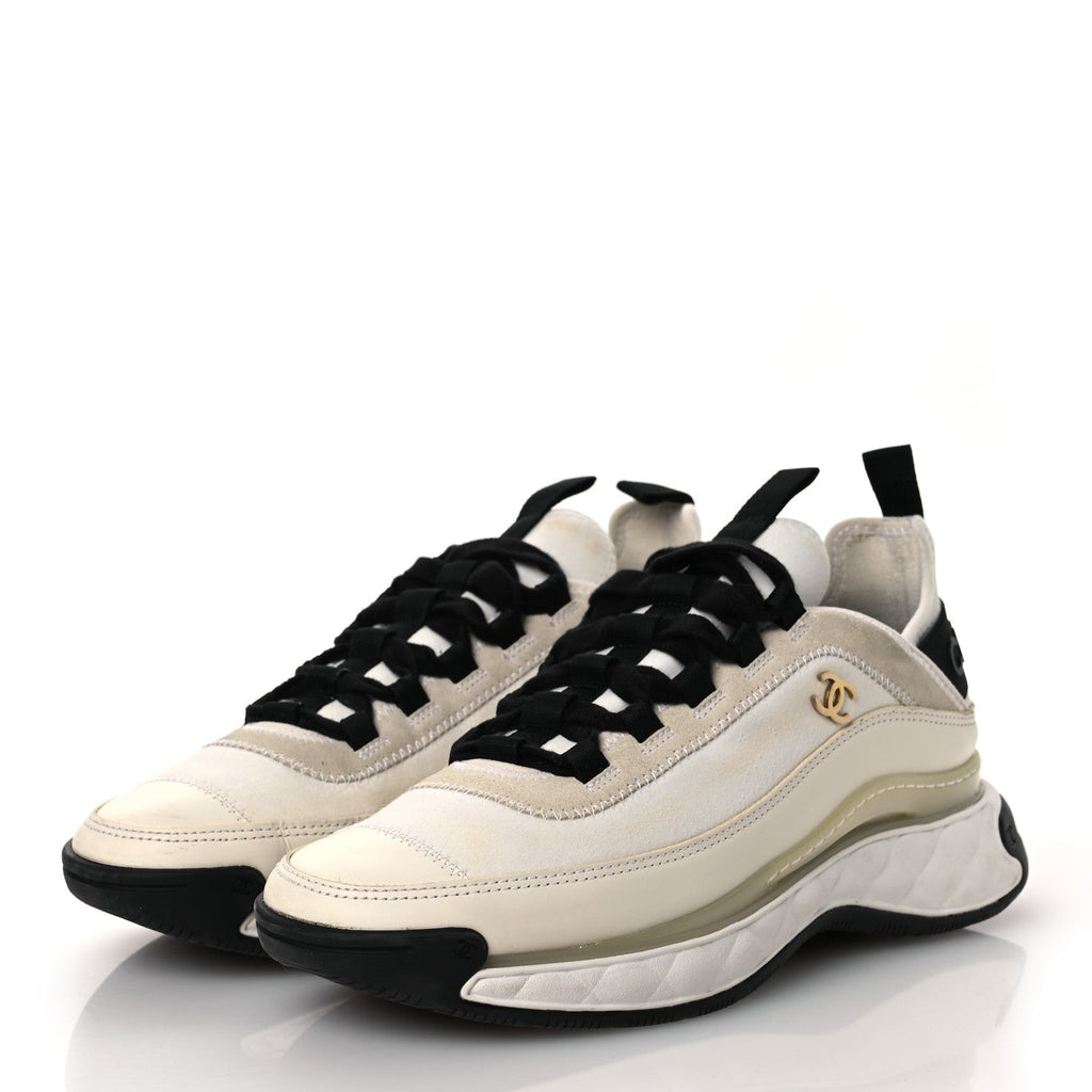 Velvet Calfskin Mixed Fibers CC Sneakers 40 Ivory Black