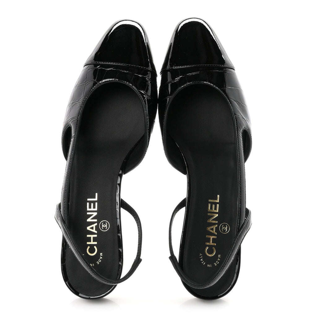 Crocodile Embossed Patent Calfskin Cap Toe CC Slingbacks 39 Black