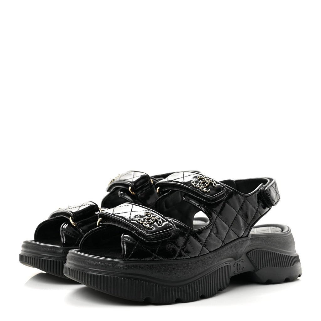 Shiny Calfskin Chain CC Velcro Dad Platform Sandals  38 Black