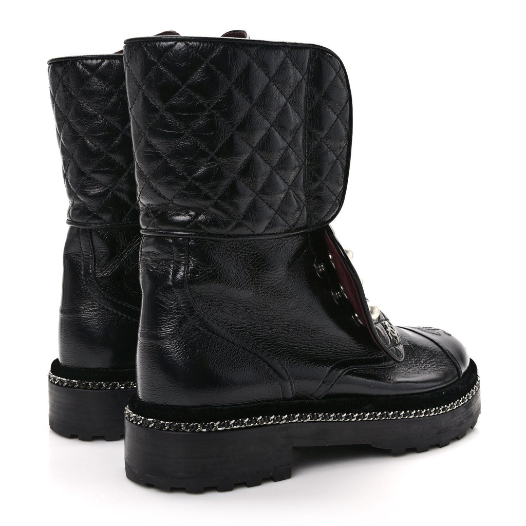 Crackled Calfskin Velvet Pearl Combat Ankle Boots 36.5 Black
