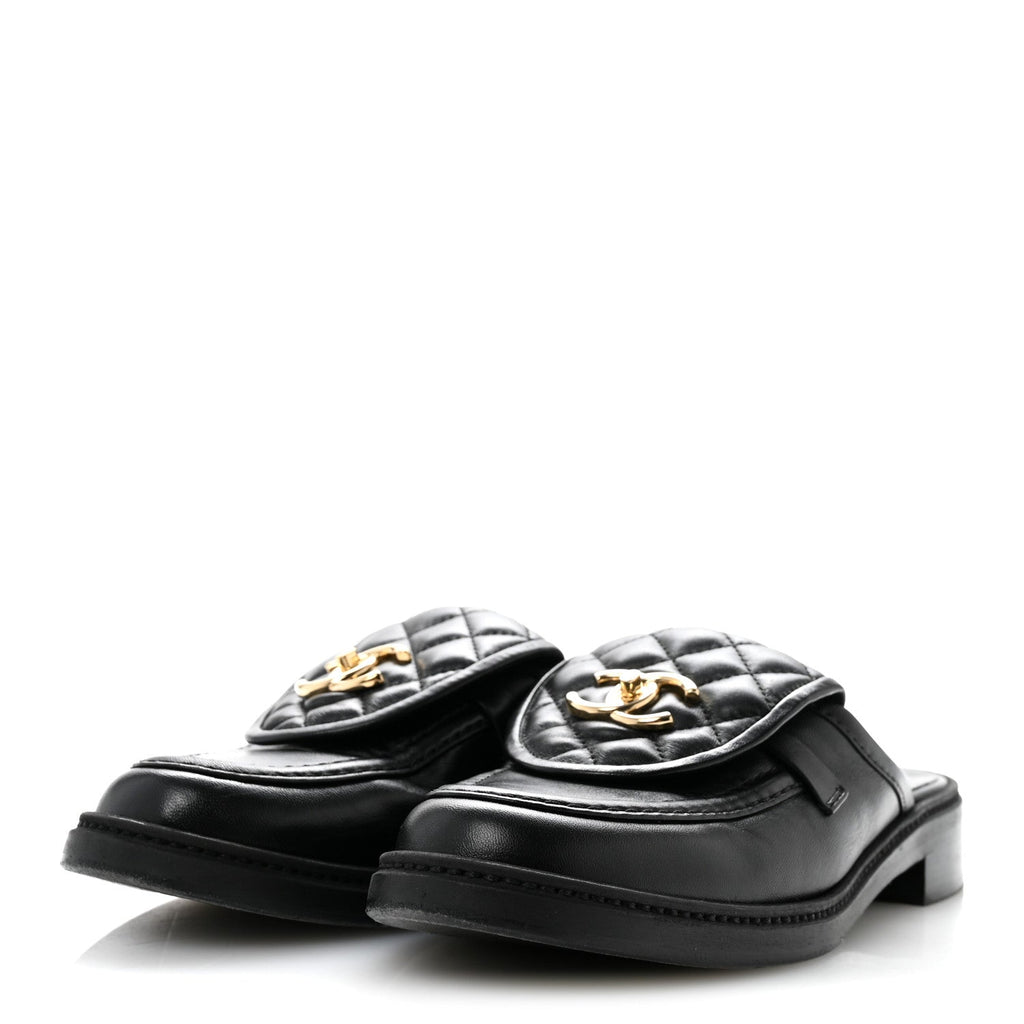 Lambskin Quilted CC Turnlock Mules 39.5 Black