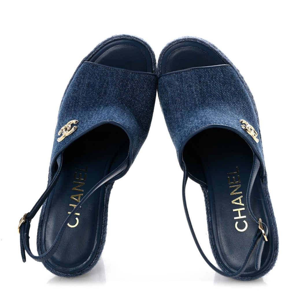 Washed Denim Braided Cord Wedge Sandals 37 Blue