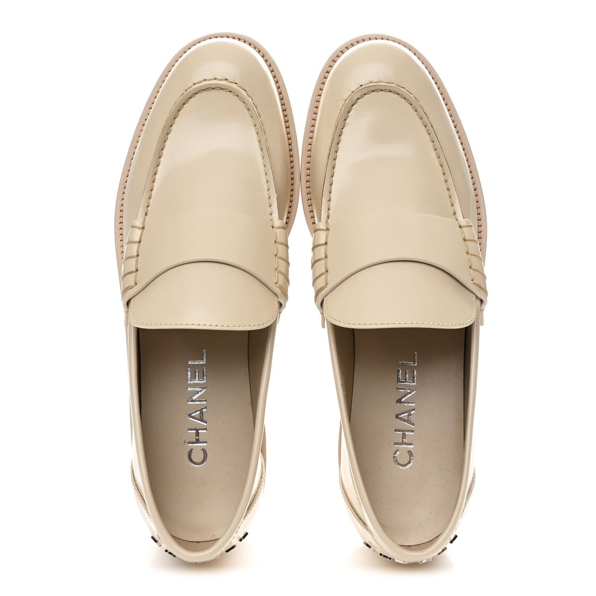 Shiny Calfskin Logo Loafers 39.5 Beige