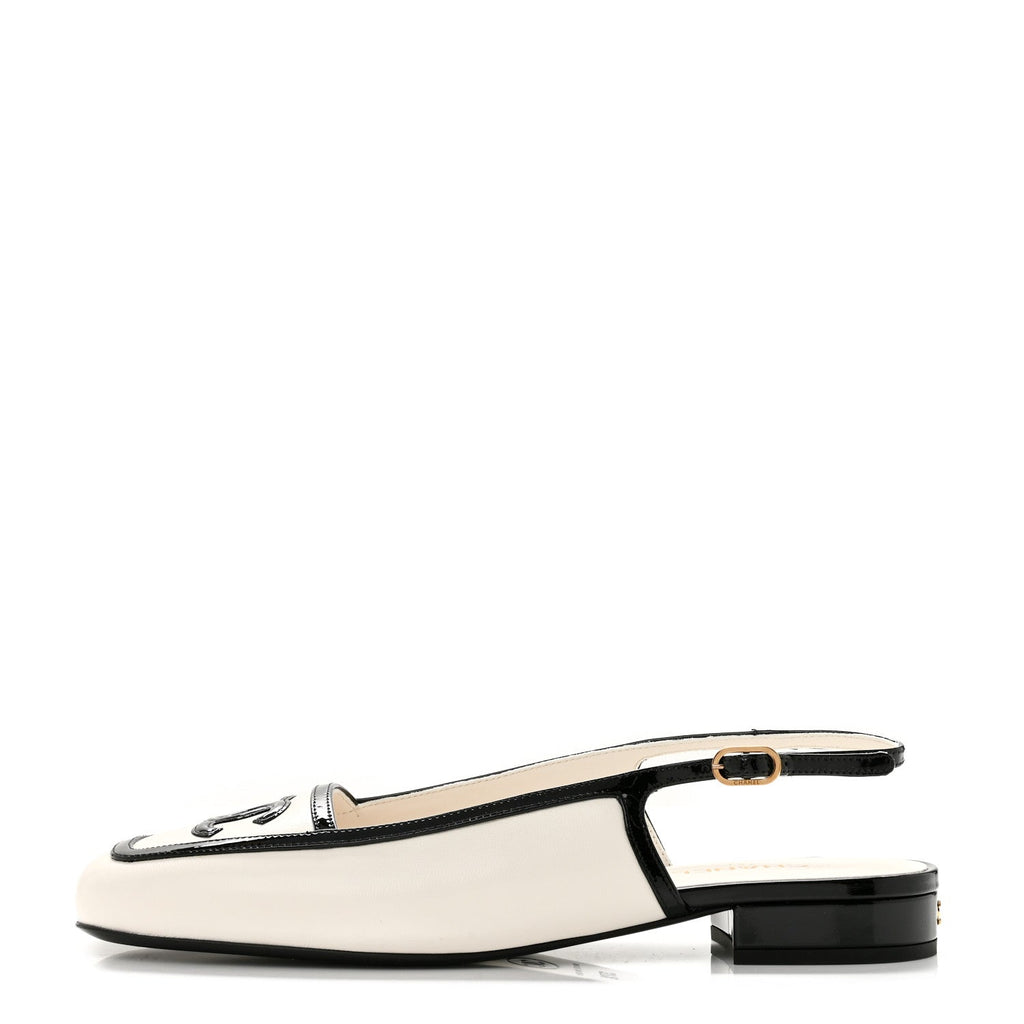 Lambskin Patent Calfskin CC Slingback Flats 37.5 White Black