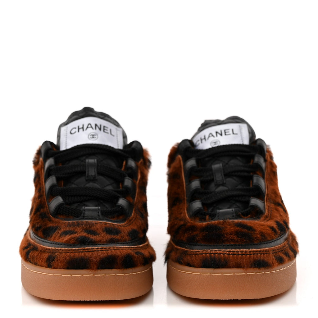 Lambskin Cheetah Print Quilted Sneakers 38.5 Brown Black
