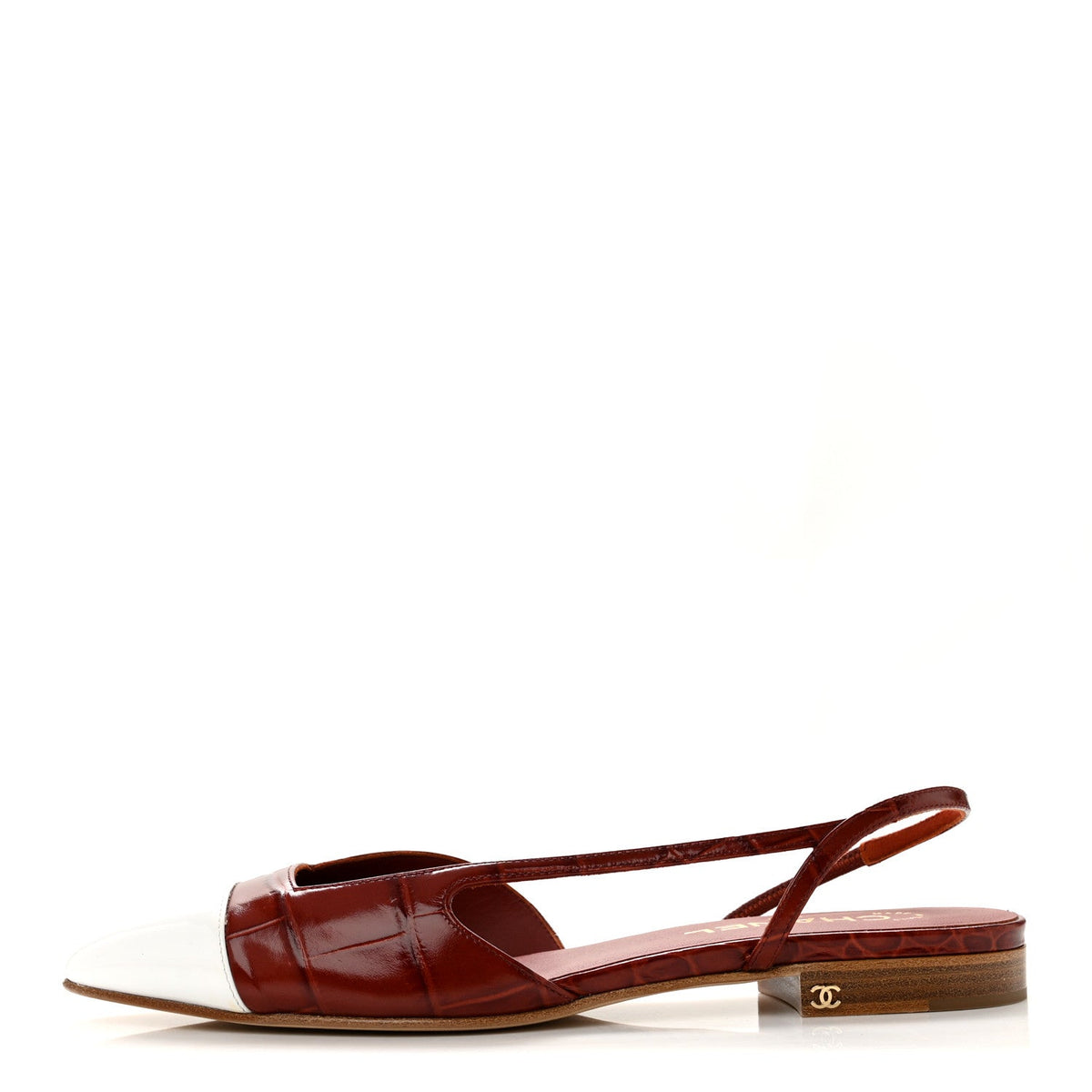 Patent Calfskin Crocodile Embossed Cap Toe CC Slingback Flats 37.5 Dark Red White