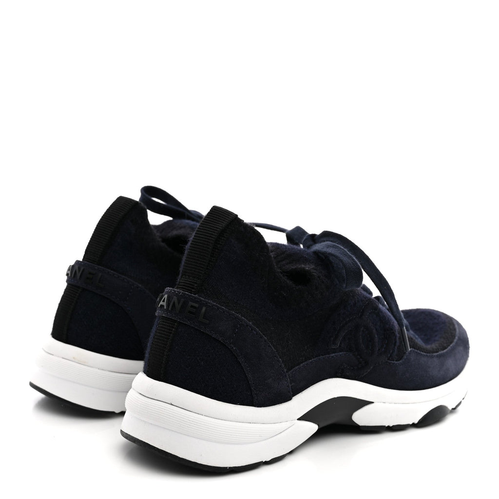 Knit Fabric Suede Calfskin Womens CC Sneakers 38 Navy Black