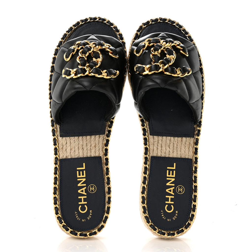 Lambskin Quilted CC Chain Espadrille Mules 38 Black Navy