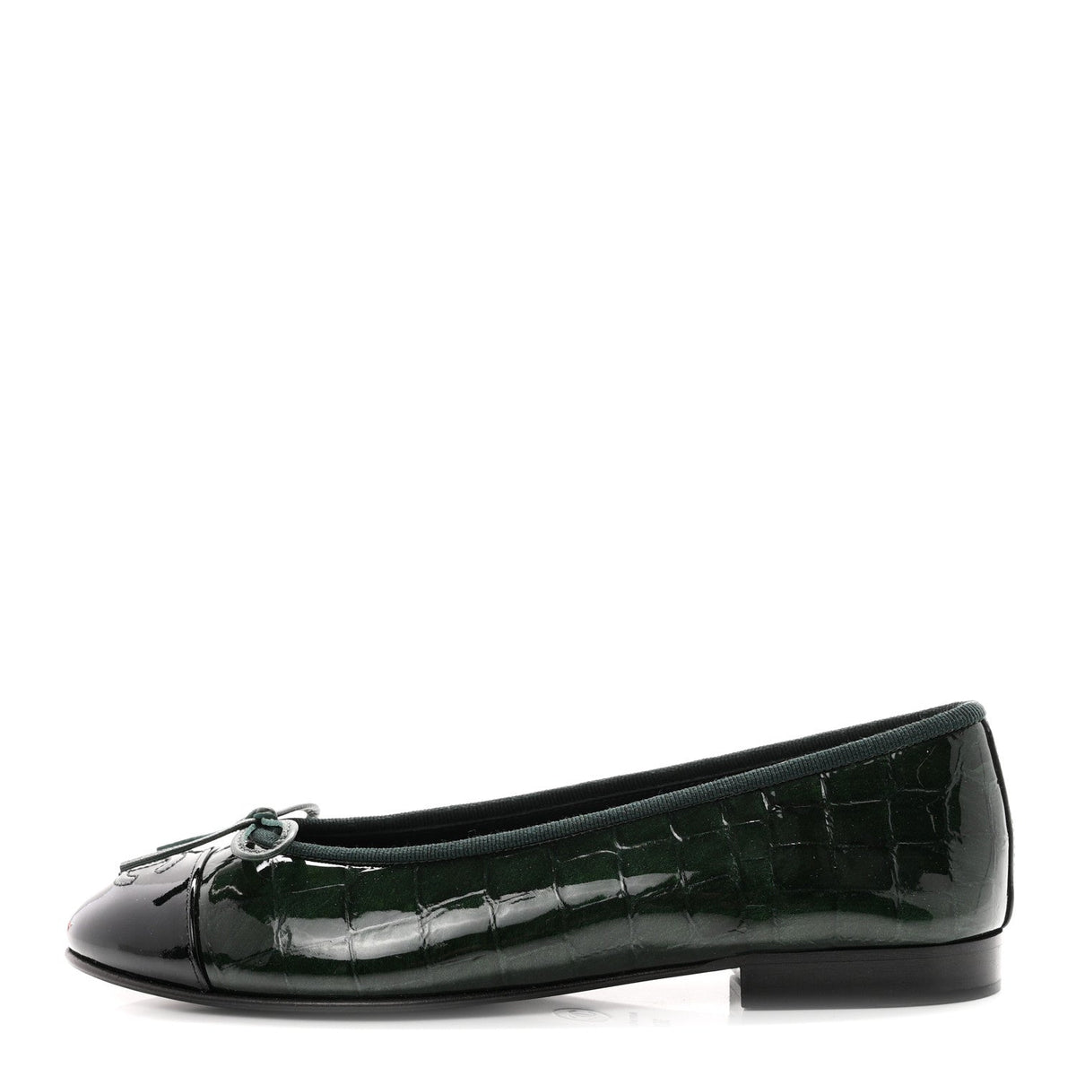 Patent Calfskin Crocodile Embossed Ballerina Flats 36.5 Dark Green Black