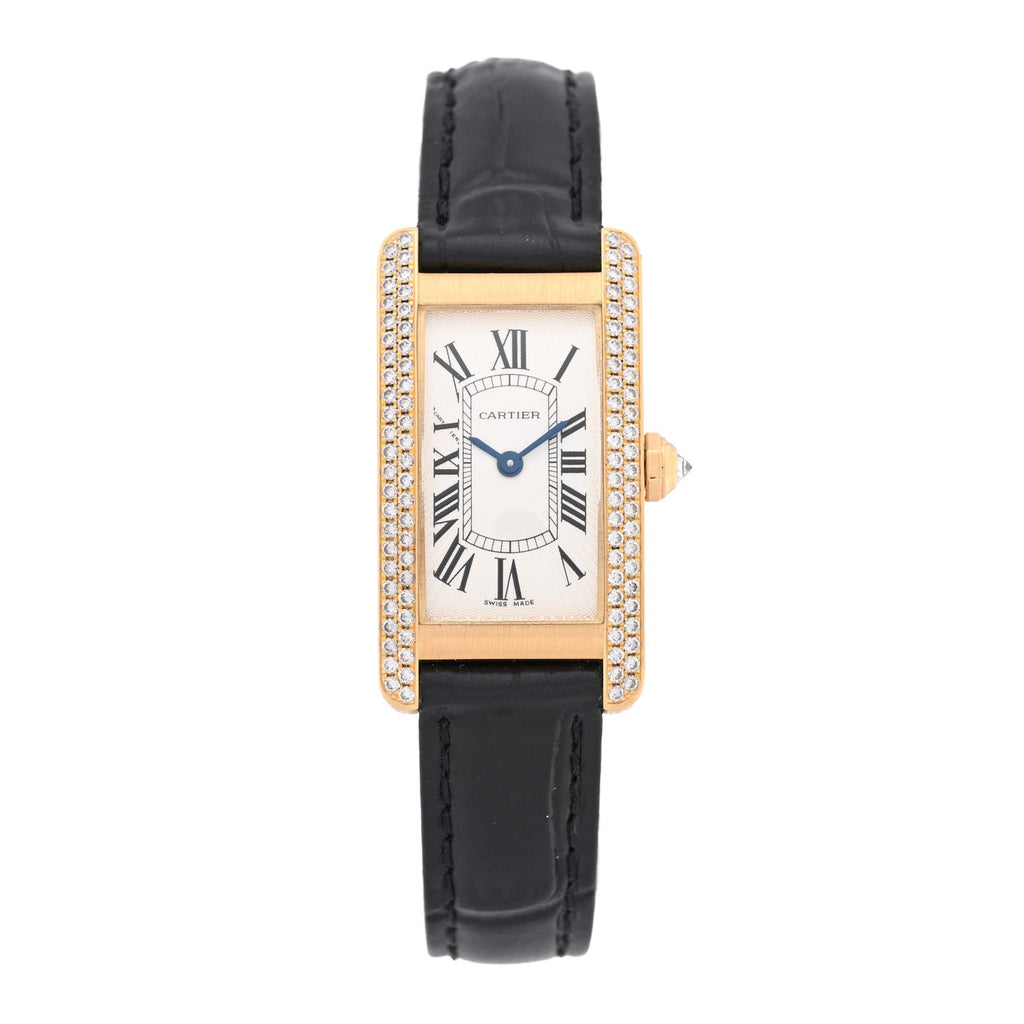 18K Yellow Gold Alligator Diamond Bezel 19mm Tank Americaine Quartz Watch