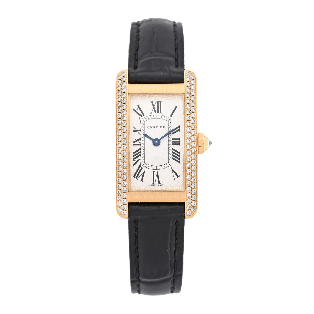 18K Yellow Gold Alligator Diamond Bezel 19mm Tank Americaine Quartz Watch