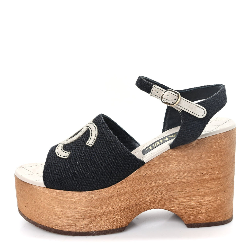 Fabric Calfskin Platform Wedge Sandals 36 Black