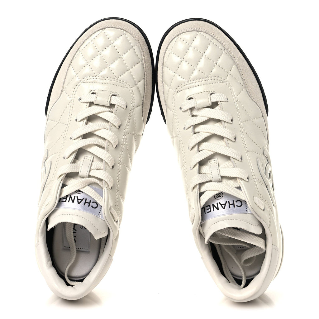 Shiny Calfskin Suede Quilted CC Logo Sneakers 36.5 White