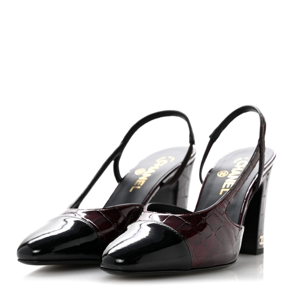 Patent Calfskin Crocodile Embossed Cap Toe CC Slingback Sandals 39 Dark Burgundy Black