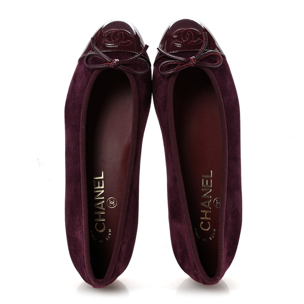 Suede Calfskin Patent Cap Toe CC Ballerina Flats 37 Burgundy