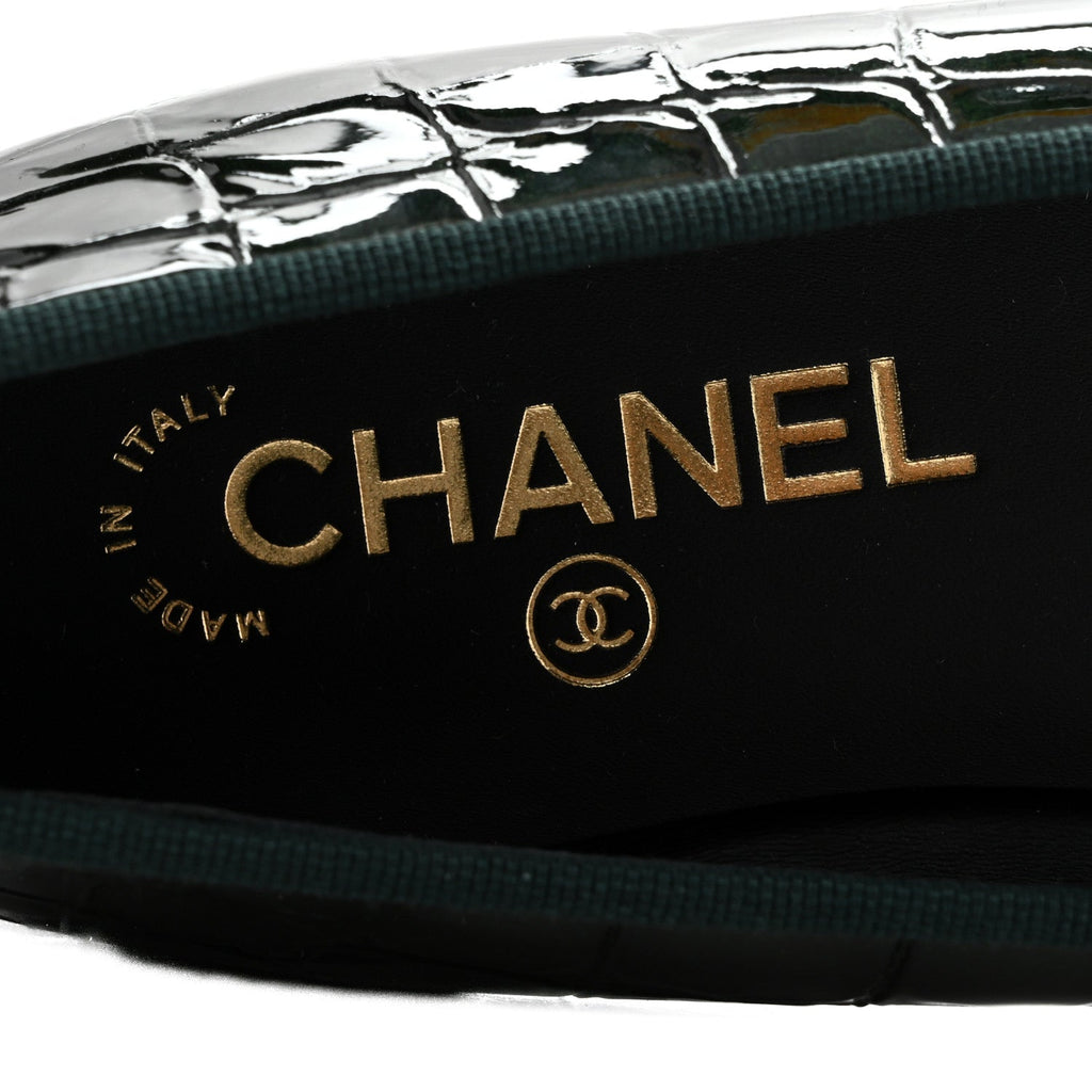 Patent Calfskin Crocodile Embossed Ballerina Flats 37 Dark Green Black