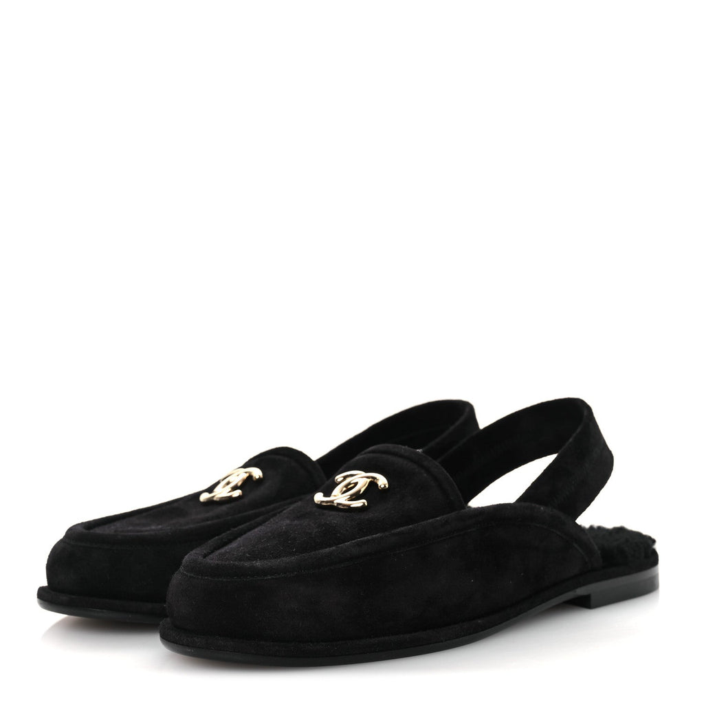 Suede Calfskin CC Slingback Loafers 37.5 Black