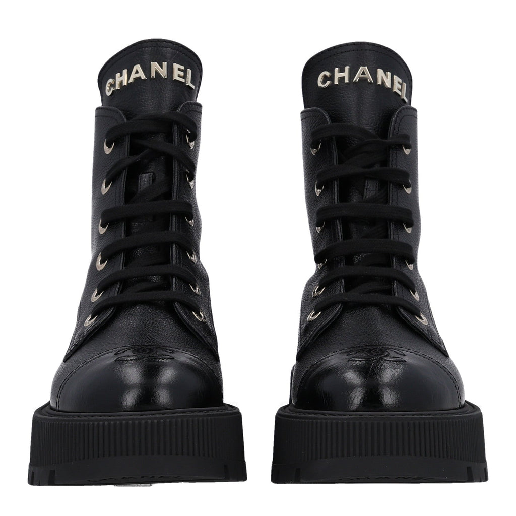 Grained Calfskin Shiny Calfskin CC Lace Up Combat Boots 40.5 Black
