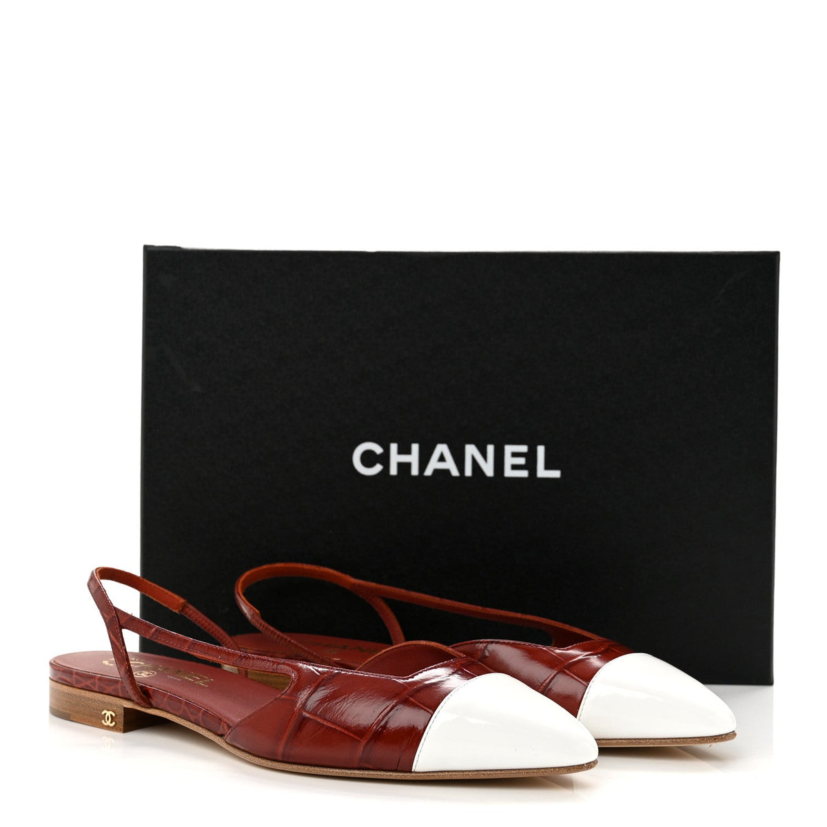 Patent Calfskin Crocodile Embossed Cap Toe CC Slingback Flats 37.5 Dark Red White