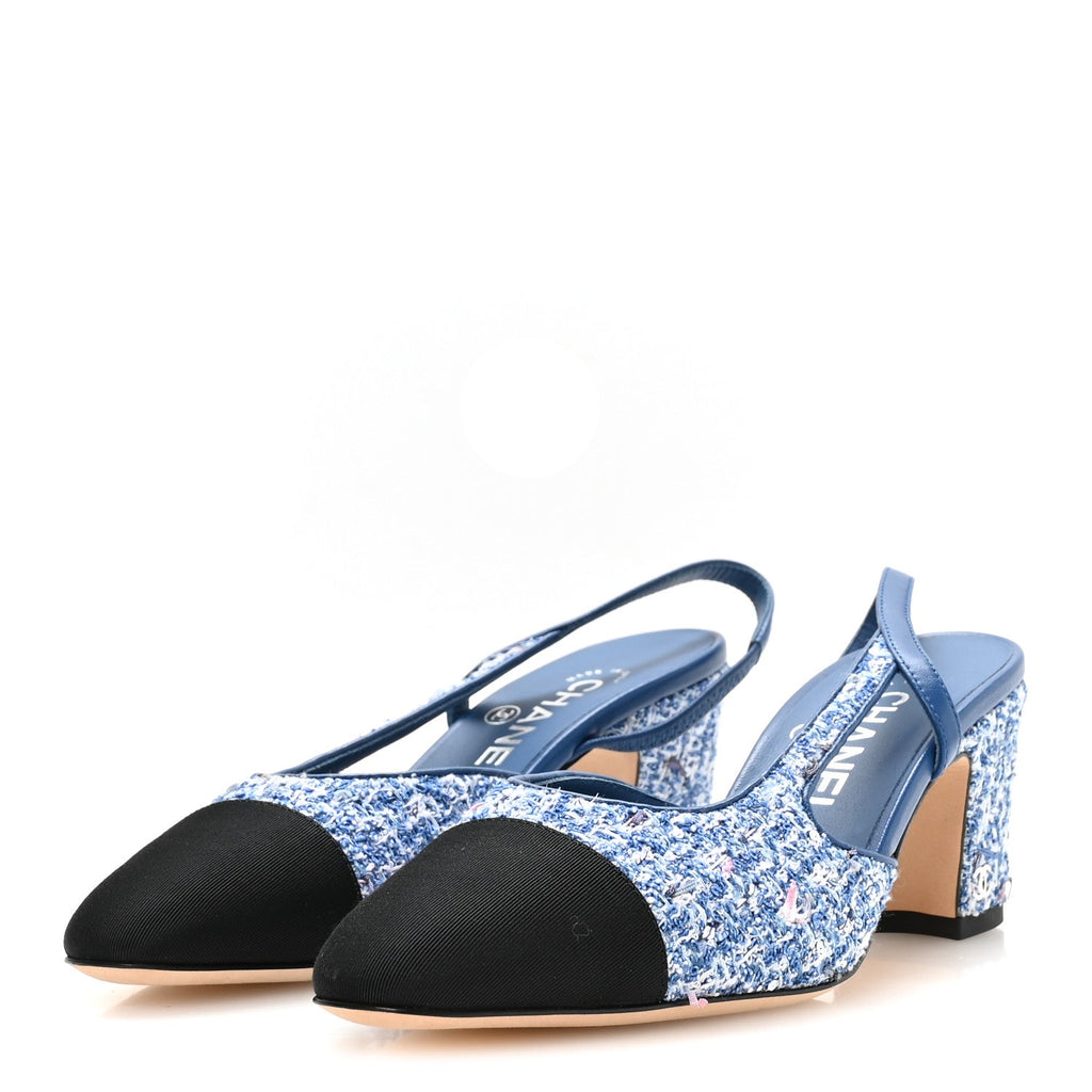 Tweed Grosgrain Cap Toe CC Slingback Pumps 36 Blue White Black