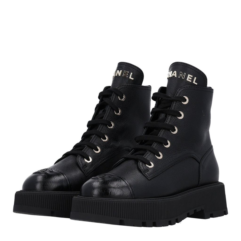 Grained Calfskin Shiny Calfskin CC Lace Up Combat Boots 40.5 Black