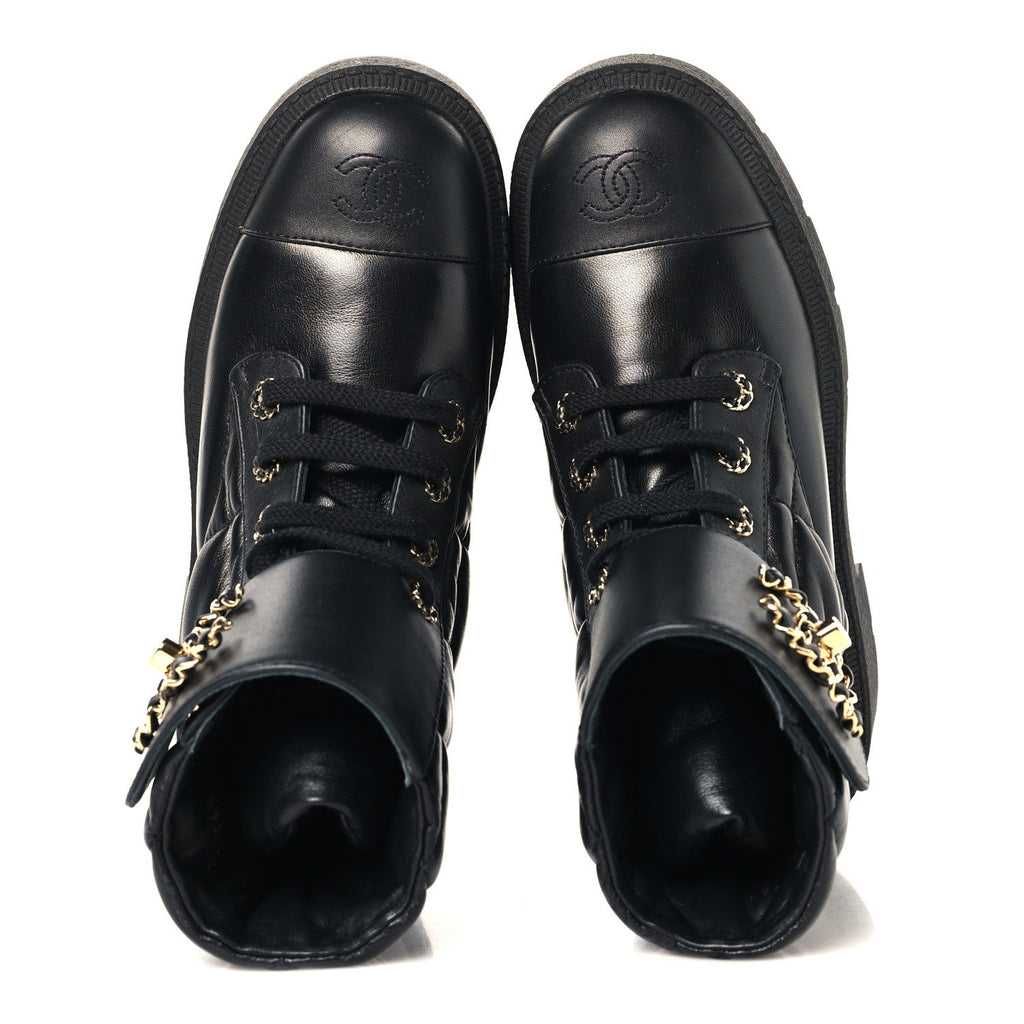Lambskin Calfskin Quilted Lace Up Combat Boots 36.5 Black