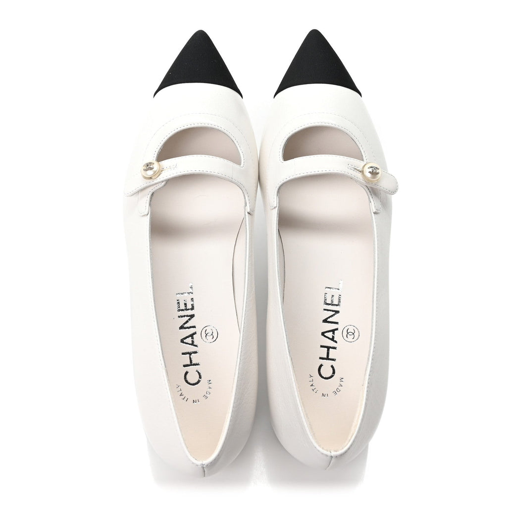 Shiny Lambskin Grosgrain Pearl Mary Janes Flats 36 White Black