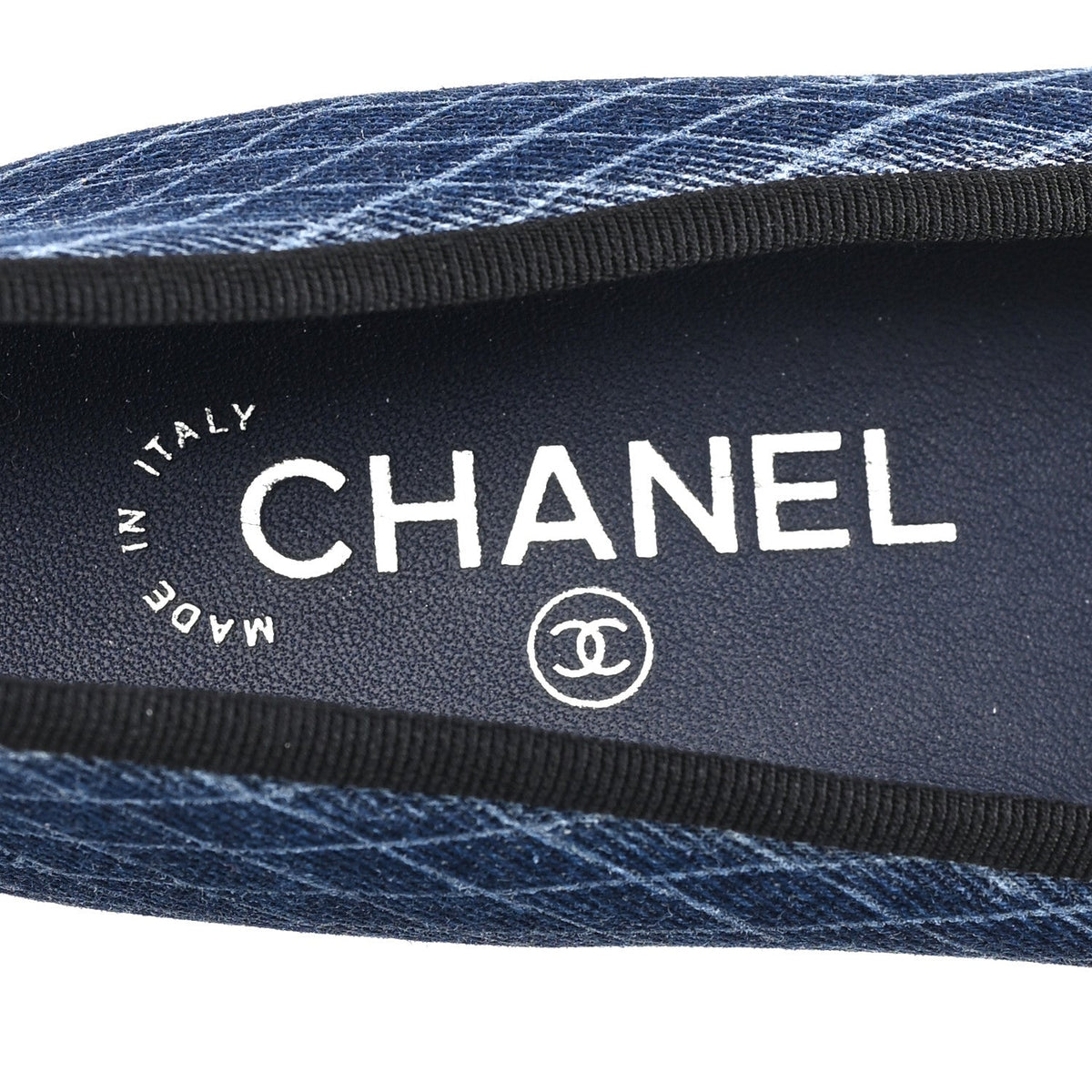 Denim Printed Quilt CC Cap Toe Ballerina Flats 37 Navy Blue Dark Grey