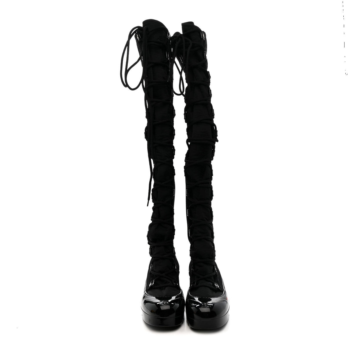 Nylon Rubber CC Lace Up Thigh High Boots 40 Black