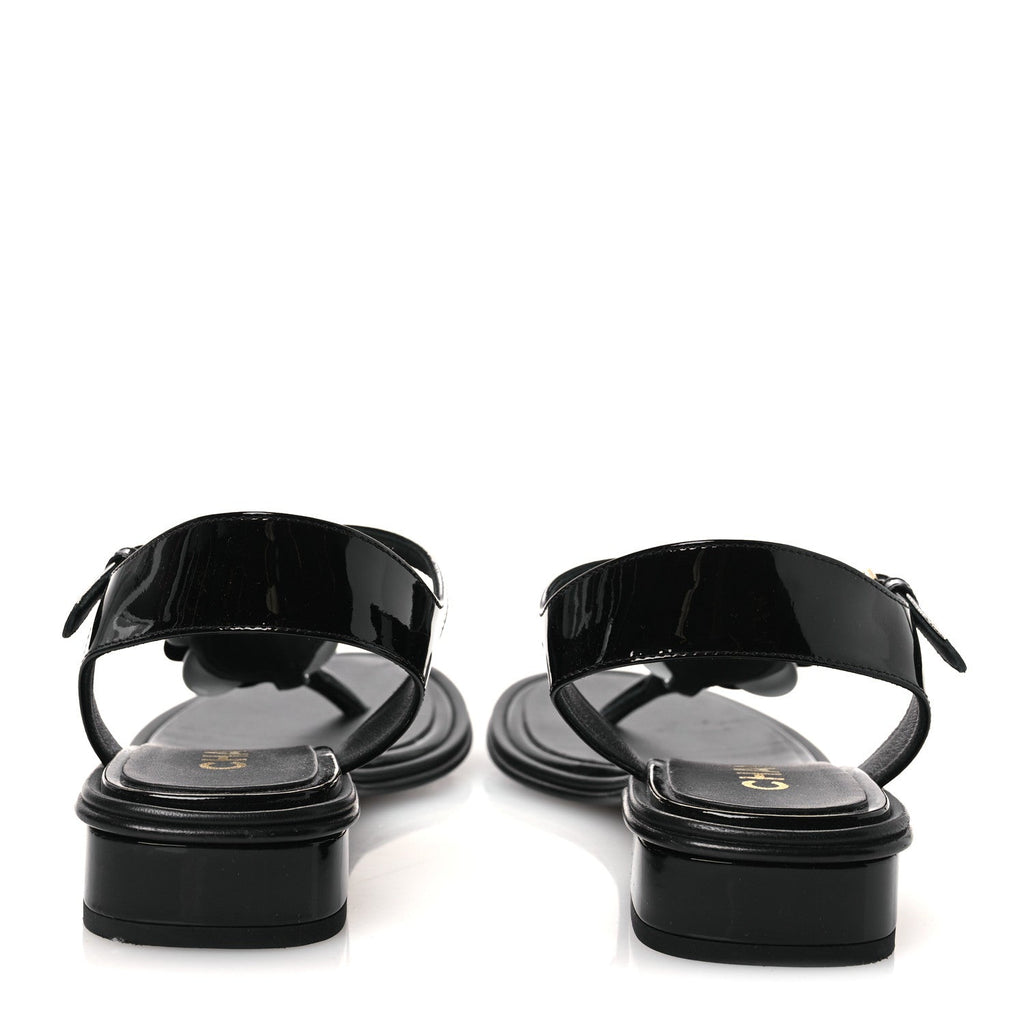 Patent Calfskin Camellia Thong Sandals 37 Black White