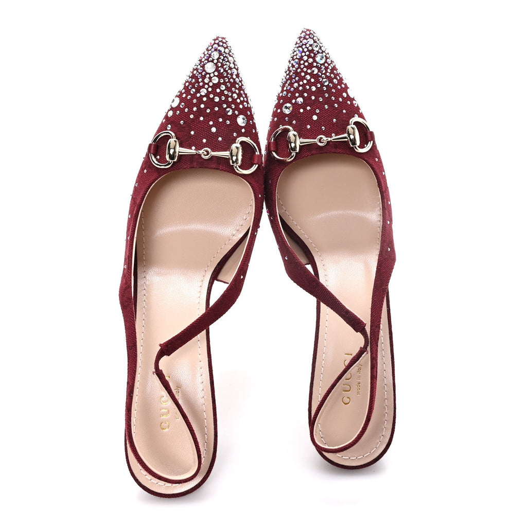 New Canvas Crystal GG Monogram Horsebit Slingback Pumps 38.5 Rossa Ancora