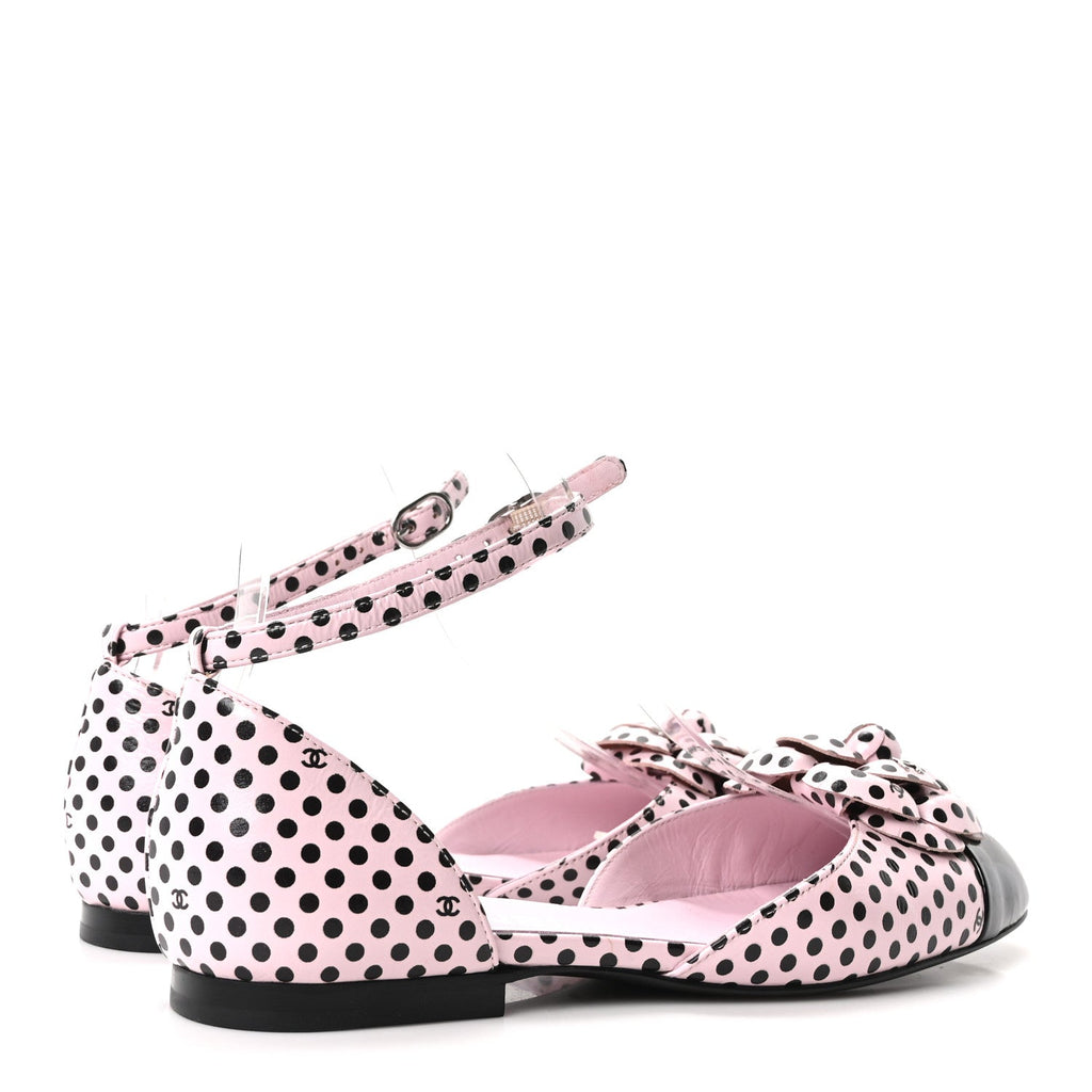 Lambskin Patent Calfskin Cap Toe Polka Dot Camellia Mary Jane Flats 36 Pink Black