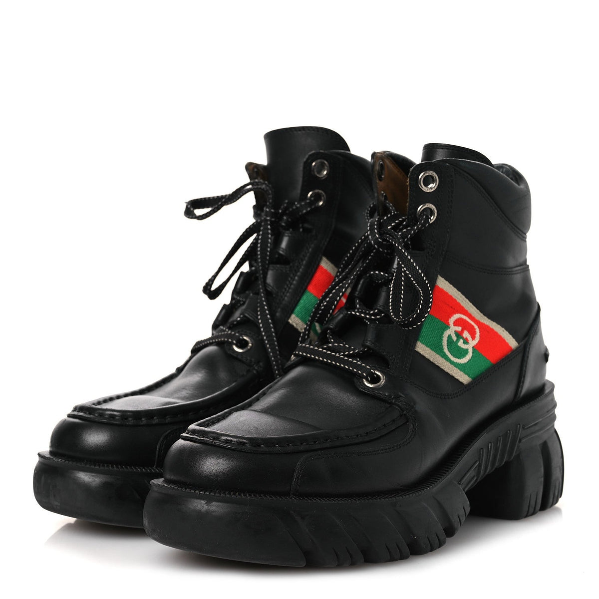 Quebec Calfskin Web Womens Interlocking G Lace Up Combat Boots 38 Black Mystic White Green Red